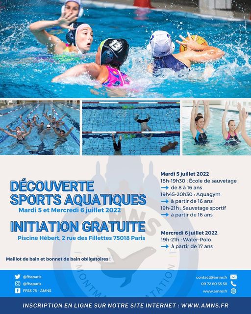 Initiation gratuite au sauvetage aquatique, au water-polo et à l’aquagym !  Piscine Hébert, 2 rue des fillettes 75018 Pa…