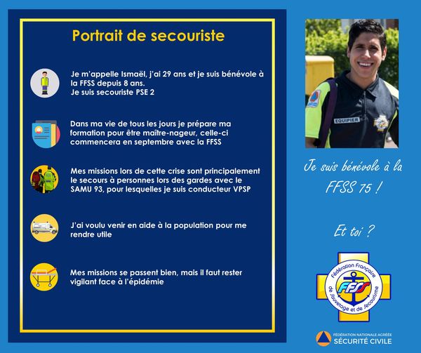 [PORTRAIT DE BÉNÉVOLE N°2]
 Comme Camille, Ismaël s&rsquo;est aussi engagé auprès de la FFSS National lors des gardes au SAMU …